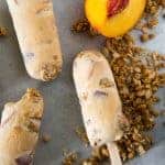 This cool dessert pops! These Caramel Peach Crisp Ice Cream Pops combine the goodness of summer peaches and the fun of a crumbly crisp with rich, creamy, light caramel ice cream.