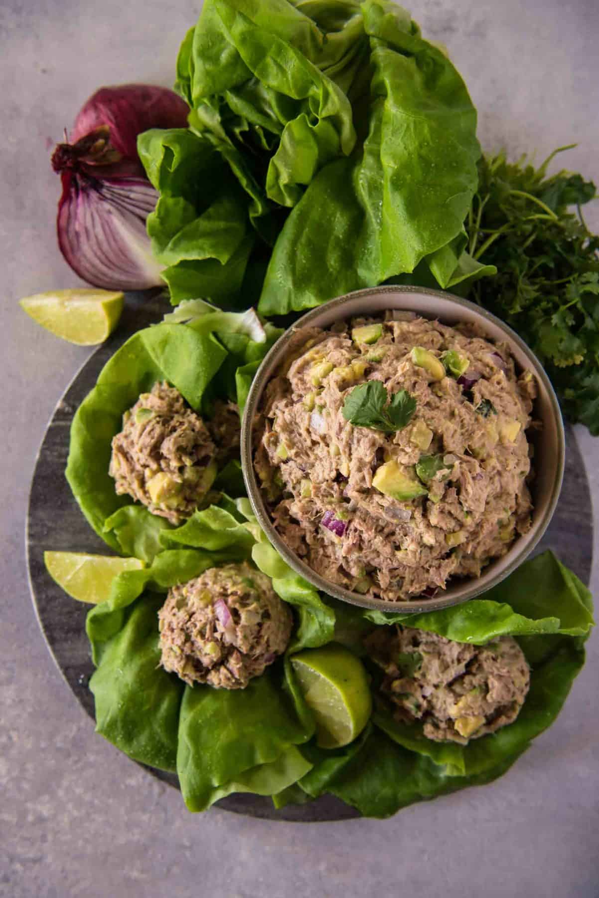 Bowl of avocado tuna salad with scoops on lettuce leaves, accompanied by slices of lime, red onion, and fresh herbs on a gray surface.
