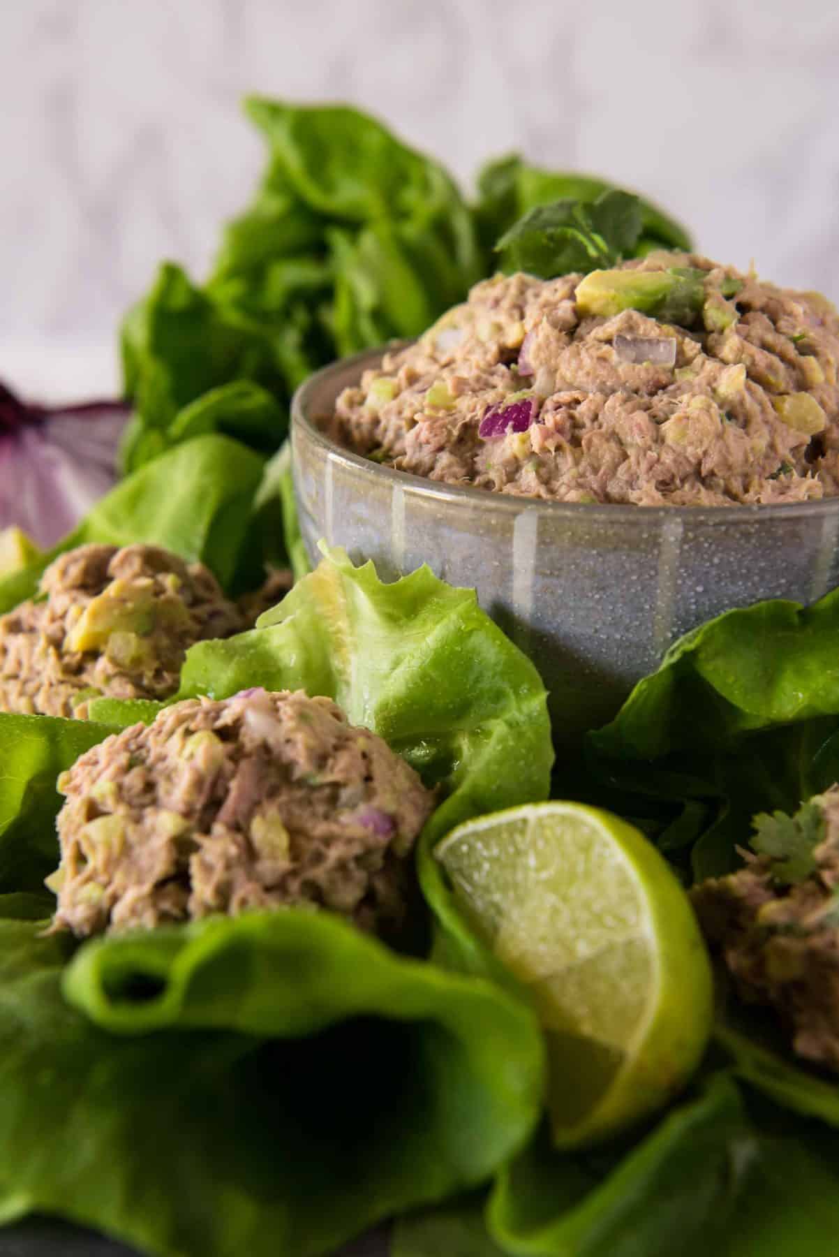 A bowl of avocado tuna salad with lime wedges on a bed of lettuce leaves, garnished with red onion slices.