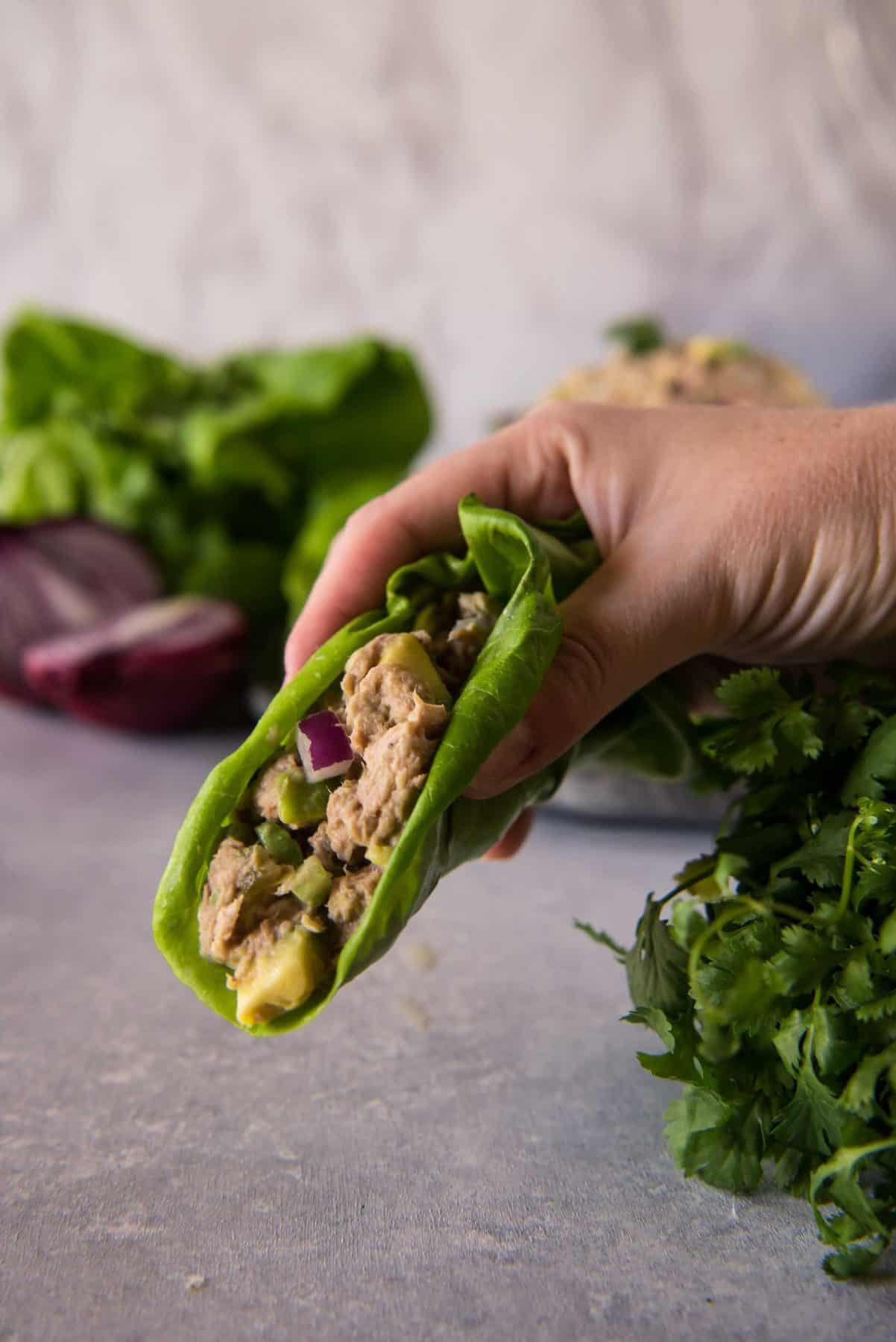 A hand holding a lettuce wrap filled with tuna avocado salad, with fresh greens and herbs in the background.