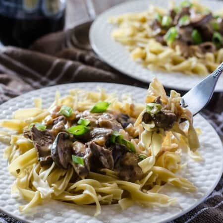 Mushroom stroganoff on a plate with a glass of wine.
