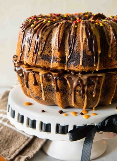 This moist, tasty Chocolate Orange Marble Bundt can be made in any pan, but is extra festive stacked as a fun fall pumpkin! Drizzle it with ganache and orange glaze for even more flavor!