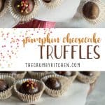 Bite-sized autumn love is found inside these dark chocolate-dipped Pumpkin Cheesecake Truffles, which make perfect party treats! 