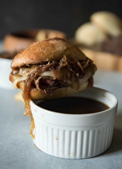 Tender & juicy London broil is the star of these French Dip Sandwiches with Caramelized Onion Au Jus, but slices from leftover holiday roasts would be equally delicious!