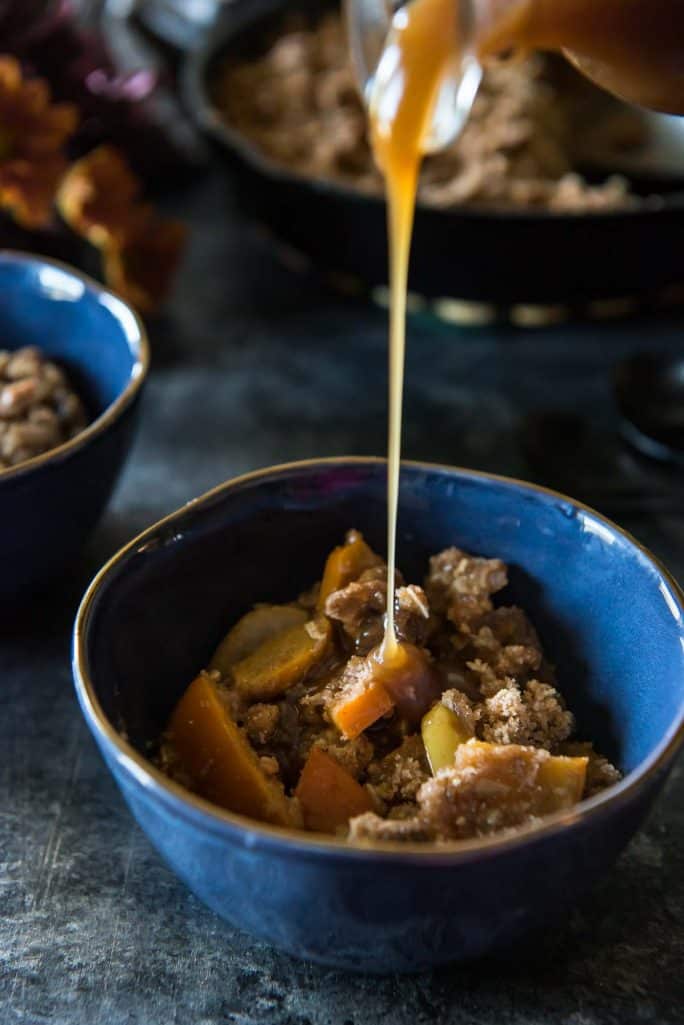 Pear Persimmon Skillet Crumble rum sauce drizzle
