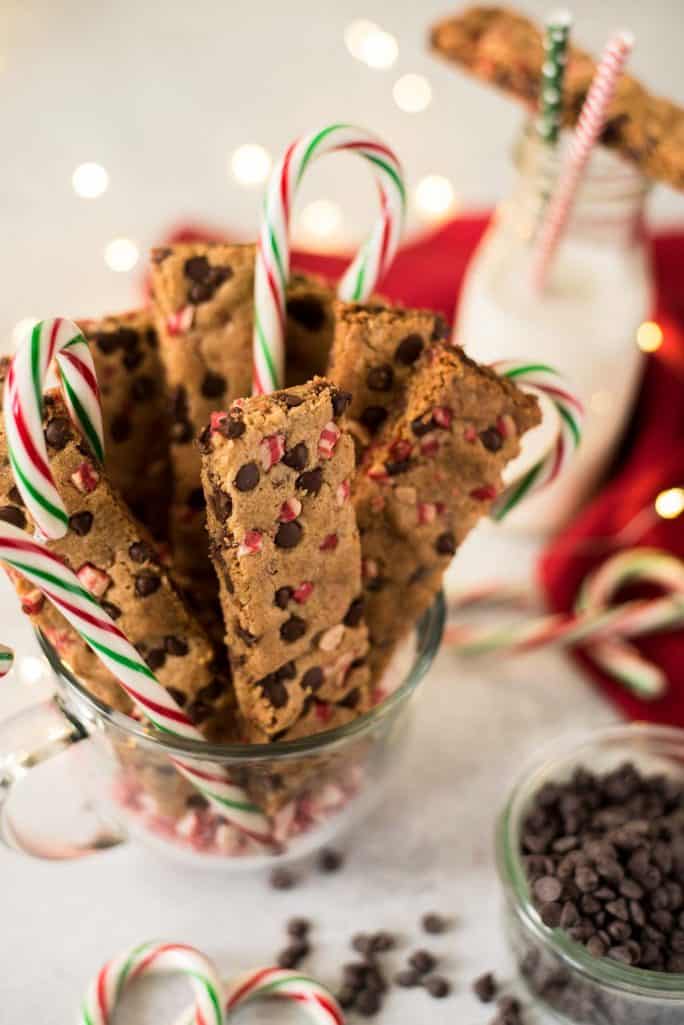 Peppermint Chocolate Chip Cookie Sticks in mug