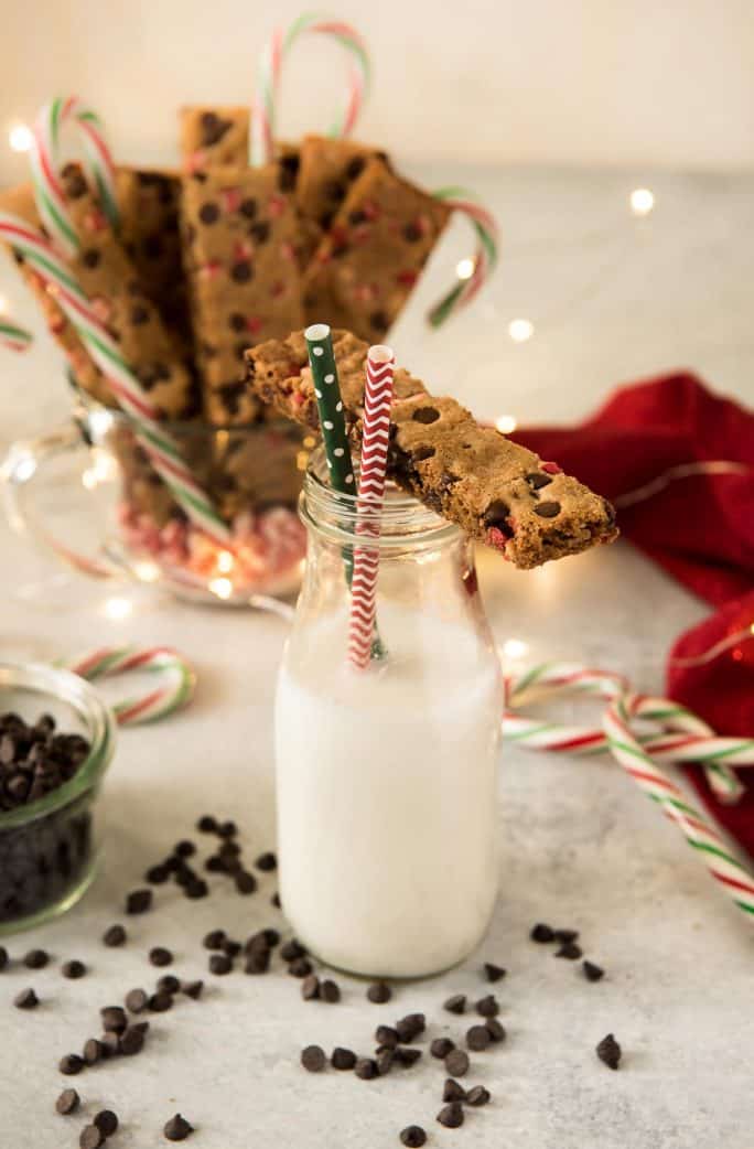 Peppermint Chocolate Chip Cookie Sticks with milk