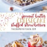 These quick and easy Peanut Butter Cheesecake Stuffed Strawberries will be a hit at any shindig! Fresh strawberries stuffed with a peanut butter cream cheese filling, then dressed up for the party with some crushed peanuts and fun sprinkles.