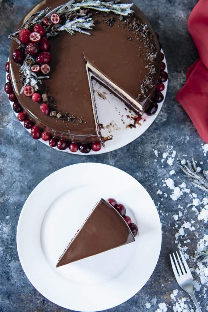 Triple Chocolate Cranberry Mousse Torte flatlay sliced