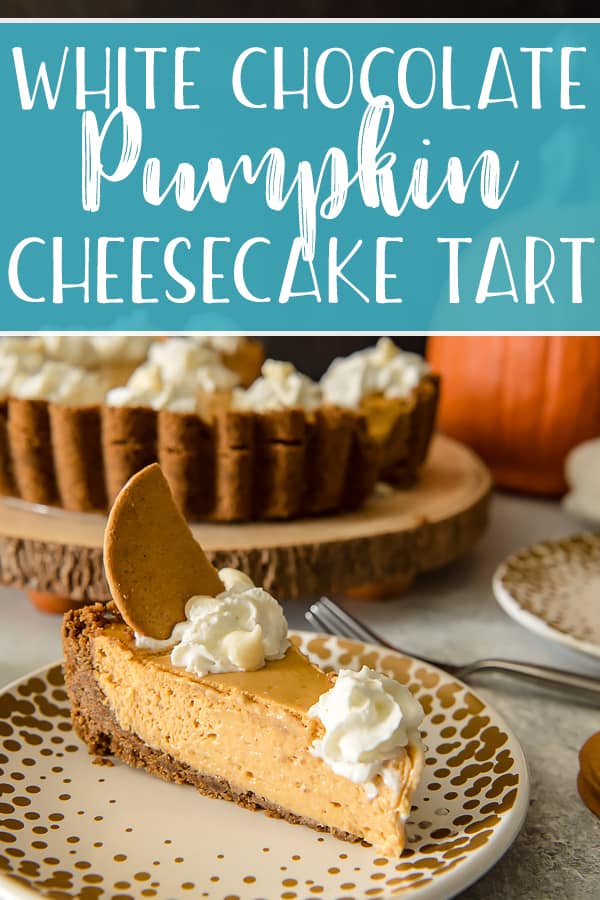 Present that traditional pumpkin pie in a more festive way with this White Chocolate Pumpkin Cheesecake Tart! Easy white chocolate-infused pumpkin cheesecake, baked in a gingersnap crust, is sure to be your new favorite holiday dessert!