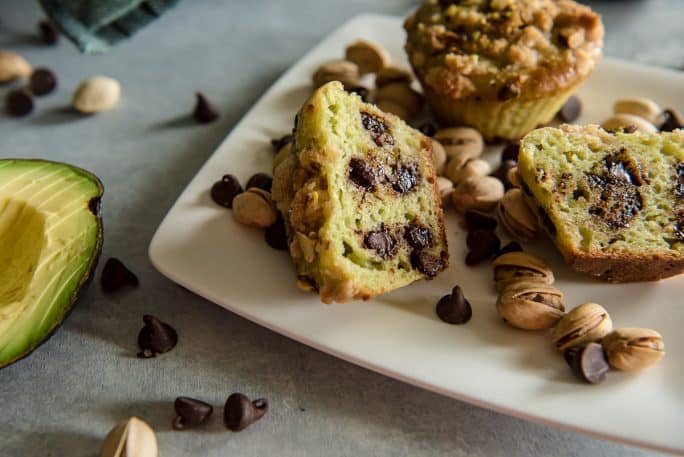 Close up of Avocado Chocolate Chip Muffins with Pistachio Crumble