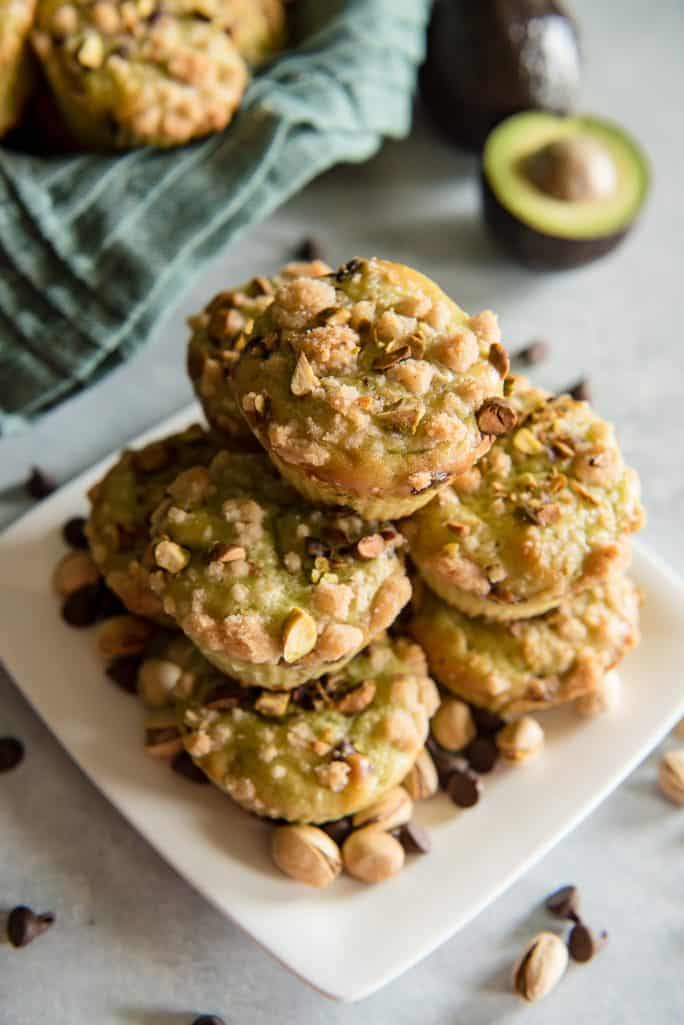 Stacked Avocado Chocolate Chip Muffins with Pistachio Crumble