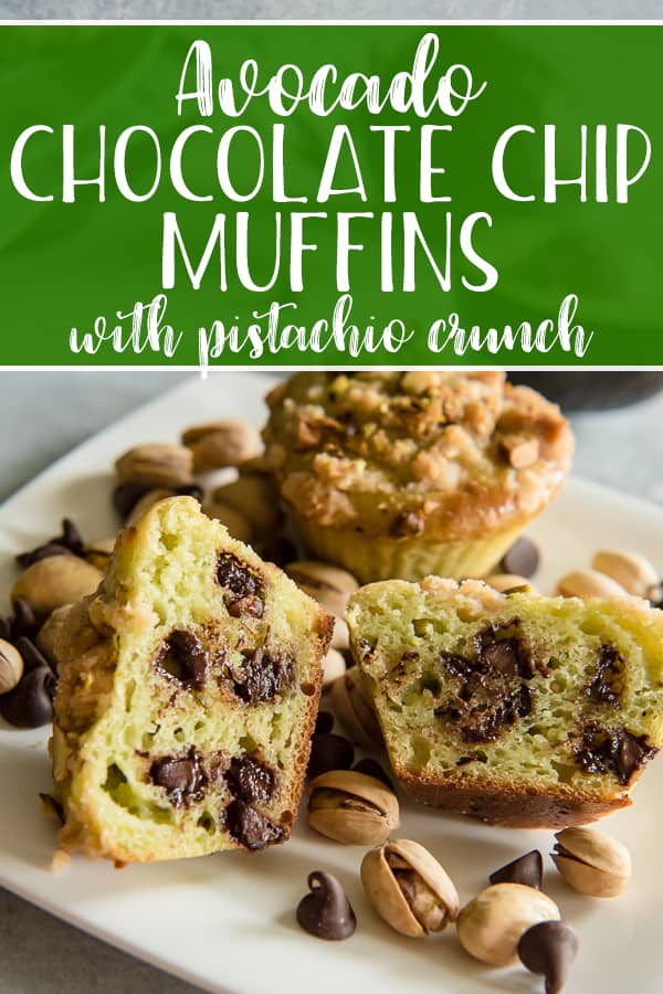 These moist Avocado Chocolate Chip Muffins with Pistachio Crunch are a delicious, healthier addition to any morning! Replacing the butter with avocado reduces calories, fat, and cholesterol in each bite, and the pistachios give them a lovely crunch that will make you look forward to breakfast again!