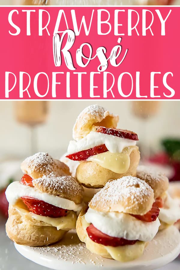 Refer to these as mini cream puffs if you want to, but don't call these Strawberry Rosé Profiteroles anything but dessert perfection! The luscious rosé pastry cream filling inside the airy choux pastry is paired simply with sliced strawberries and a slightly sweetened whipped cream - making them an easy but delightful treat for any day of the week.