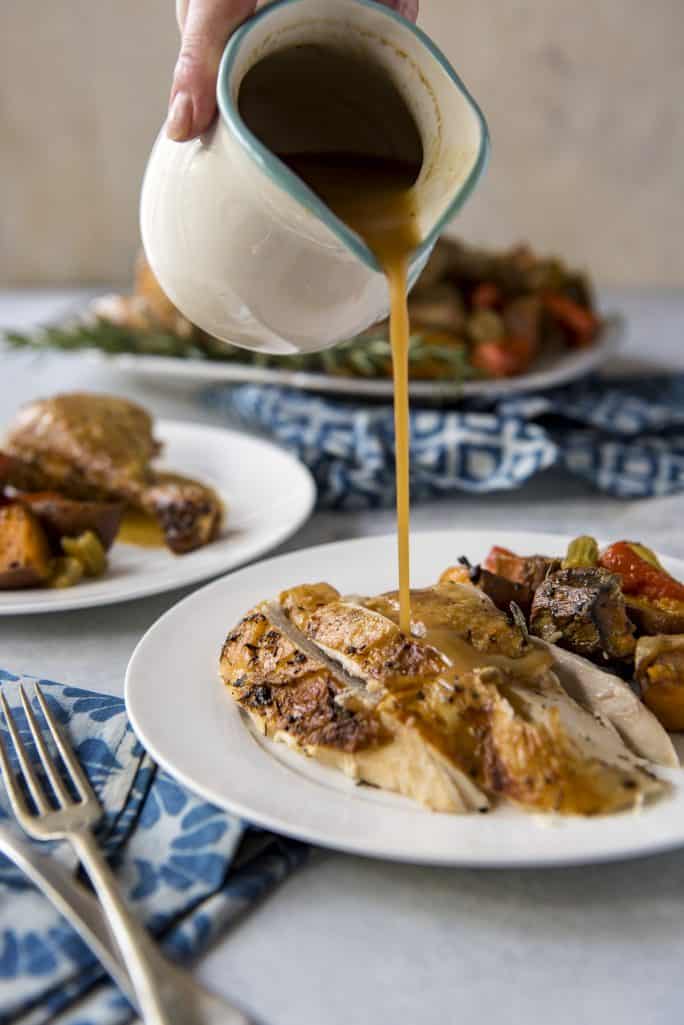 Juicy Herb Butter Oven Roasted Chicken with Pan Gravy