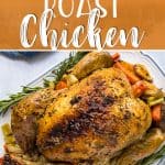 Simple and classic, this may very well be the best oven roasted chicken you've ever had! Stuffed with garlic, lemon, and rosemary, and roasted with root veggies, this heavily seasoned roast chicken recipe has a secret ingredient that keeps the inside juicy, the outside crispy, and the pan gravy extra delicious!