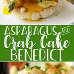 This Asparagus and Crab Cake Benedict was made for brunch! Skip the ham and opt for rich lump crab cakes, lemony blanched asparagus, and poached eggs set on top of a buttery English muffin, then drizzled with the easiest, creamiest 1-minute Hollandaise sauce in the world!
