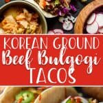 Get dinner on the table in 20 minutes with these Korean Ground Beef Bulgogi Tacos! A Mexican twist on the classic bulgogi recipe replaces the sliced steak with a ground beef & mushroom blend, then it's piled into fresh tortillas with rice, veggies, kimchi, and a drizzle of sriracha!