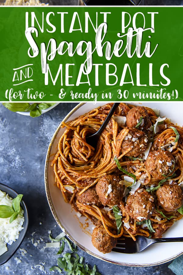 This quick, easy, extra saucy Instant Pot Spaghetti and Meatballs dinner is made entirely in one pot, including the noodles! The delicious homemade meatballs in this recipe come together quickly, and making them in advance cuts the time from prep to plate to just 30 minutes!