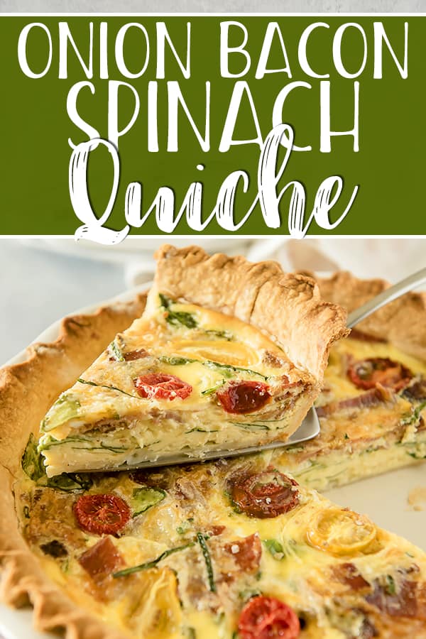 This easy, crowd-pleasing Onion Bacon Spinach Quiche only looks fancy! Thinly sliced sweet onions come together with crispy bacon, fresh spinach, and your favorite cheese in a protein-rich dish that will be your new favorite part of brunch or breakfast.