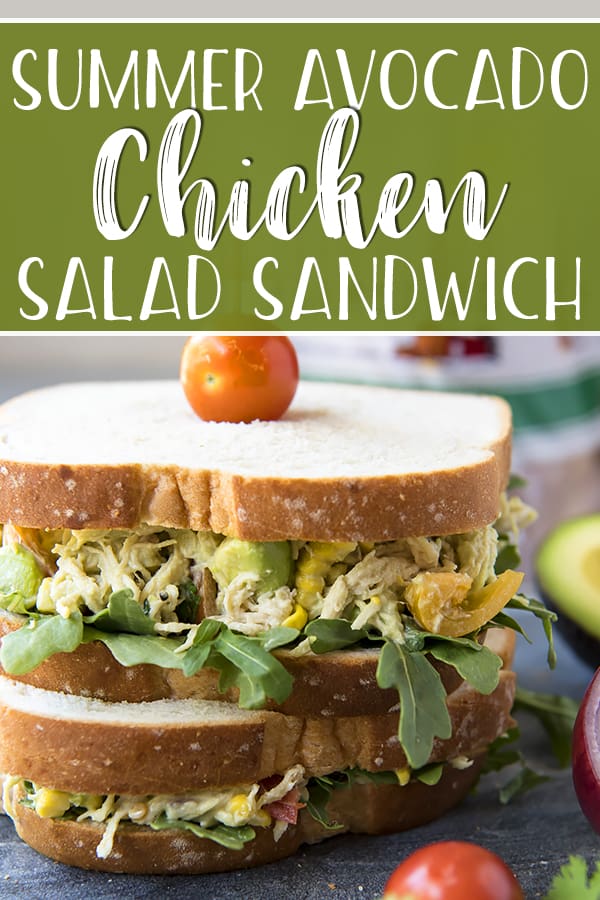 This lightened-up, no mayo Summer Avocado Chicken Salad Sandwich is all you're going to want to eat during those hot months! Shredded chicken breast, grilled corn, red onion, heirloom tomatoes, and cilantro are all mixed up in a mashed avocado, lime, and Greek yogurt base.