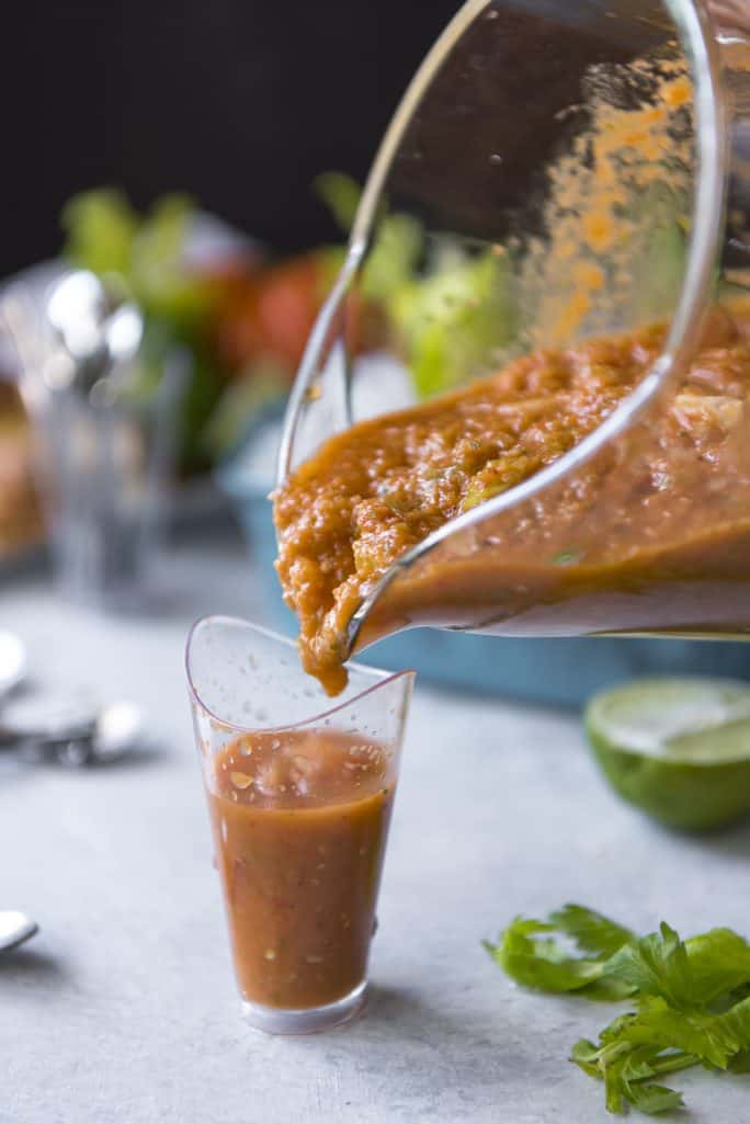 Brunch Gazpacho Shooters with Cheesy Everything Toast Dippers
