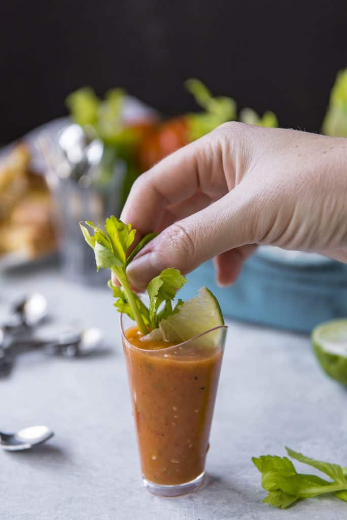 Brunch Gazpacho Shooters with Cheesy Everything Toast Dippers