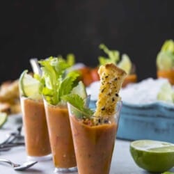 Gazpacho recipe - Brunch Gazpacho Shooters with Cheesy Everything Toast Dippers