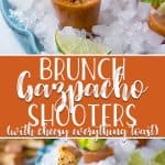 These adorable little Brunch Gazpacho Shooters are a fabulous way to celebrate the bounty that is summer produce! The cool and refreshing gazpacho recipe combines heirloom tomatoes, tomatillos, and roasted red peppers with a delicious blend of Spanish flavors that are perfect for a brunchtime palate cleanser.