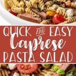 This Easy Caprese Pasta Salad is a summer favorite that's ready in no time! Rotini pasta, salami, mozzarella, basil, and grape tomatoes come together with a fresh balsamic vinaigrette in a simple and completely delicious potluck side dish that's perfect for any cookout, party, or light lunch.