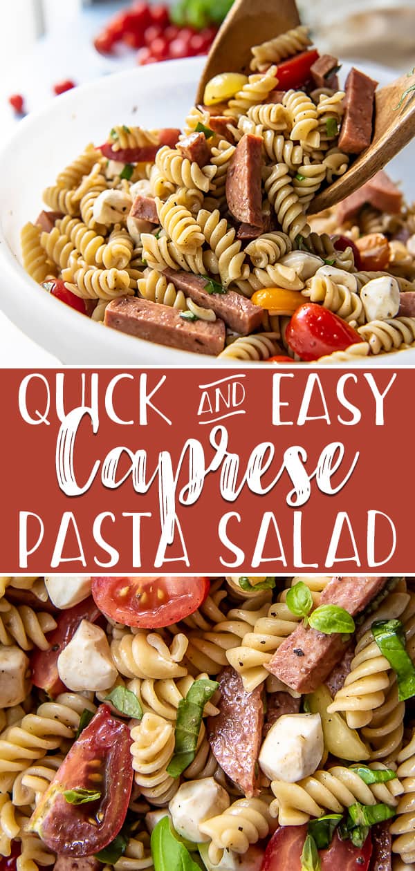 This Easy Caprese Pasta Salad is a summer favorite that's ready in no time! Rotini pasta, salami, mozzarella, basil, and grape tomatoes come together with a fresh balsamic vinaigrette in a simple and completely delicious potluck side dish that's perfect for any cookout, party, or light lunch.