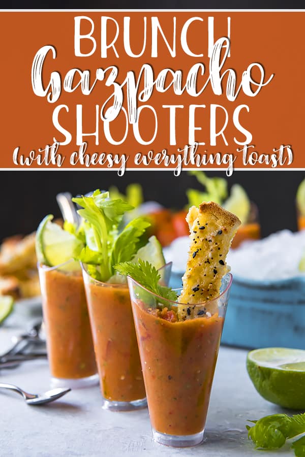 These adorable little Brunch Gazpacho Shooters are a fabulous way to celebrate the bounty that is summer produce! The cool and refreshing gazpacho recipe combines heirloom tomatoes, tomatillos, and roasted red peppers with a delicious blend of Spanish flavors that are perfect for a brunchtime palate cleanser.
