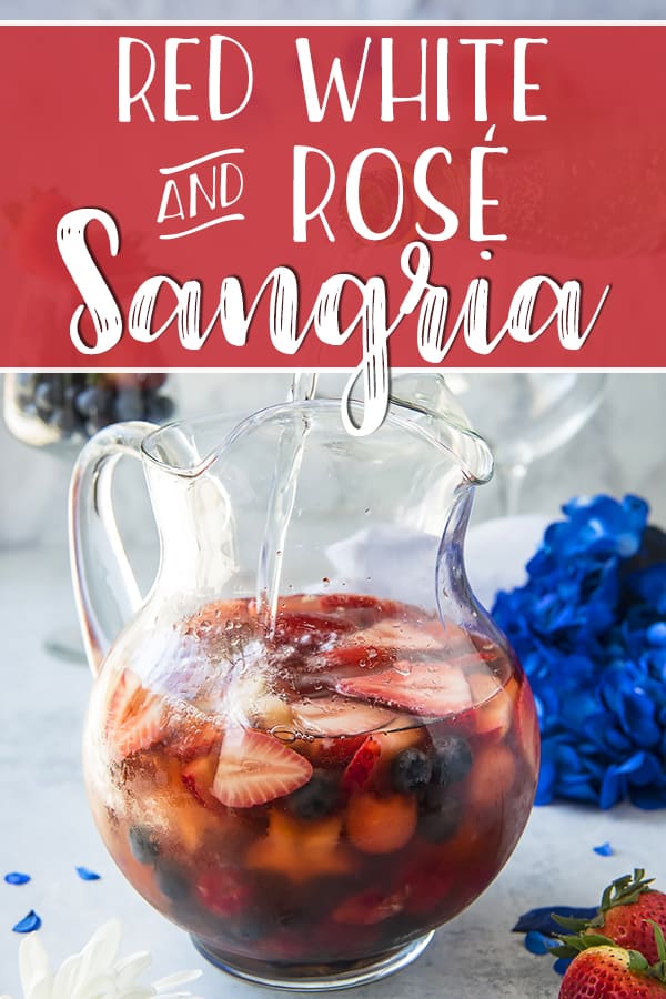 This patriotic Red White & Rose Sangria is the cool, refreshing cocktail you need this summer! A dry rosé wine base, naturally sweetened with watermelon, berries, and pear, is chilled with orange liqueur and tequila before being served with sparkling water and lots of crushed ice.