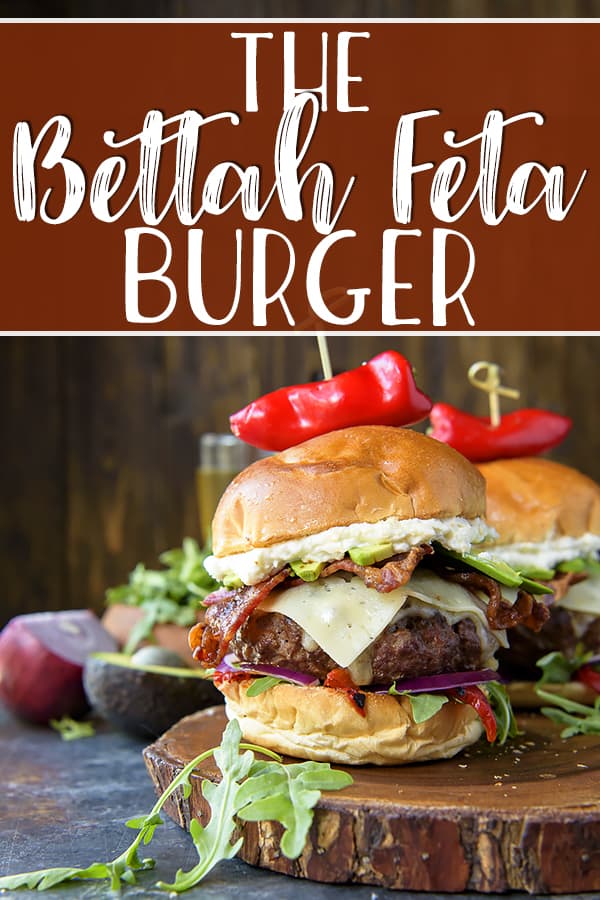 This almost-Mediterranean Bettah Feta Burger recipe isn't just a cutesy name - it's your new favorite burger! Stuffed with crumbled feta cheese, these babies are then topped with peppery arugula, juicy roasted red peppers, crispy bacon, and even more creamy whipped feta for a crazy flavor explosion!