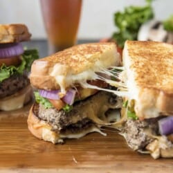Grilled Cheese Beef and Mushroom Juicy Lucy cheese pull