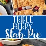 This Triple Berry Slab Pie, made with fresh strawberries, blueberries, and blackberries, is a delicious way to feed a crowd at any backyard cookout, block party, or potluck! The super flaky all-butter crust is the star of the show, but the gooey berry filling shines with every bite!