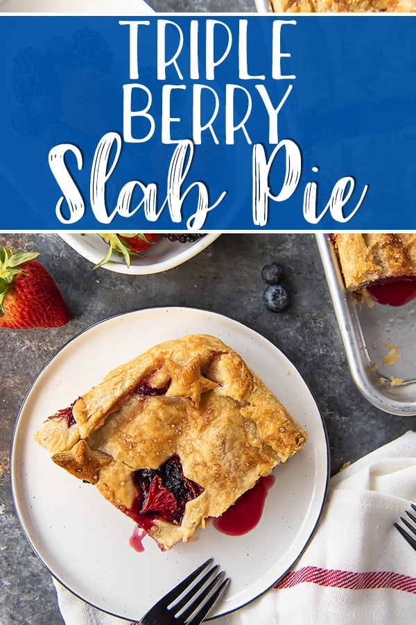 This Triple Berry Slab Pie, made with fresh strawberries, blueberries, and blackberries, is a delicious way to feed a crowd at any backyard cookout, block party, or potluck! The super flaky all-butter crust is the star of the show, but the gooey berry filling shines with every bite!