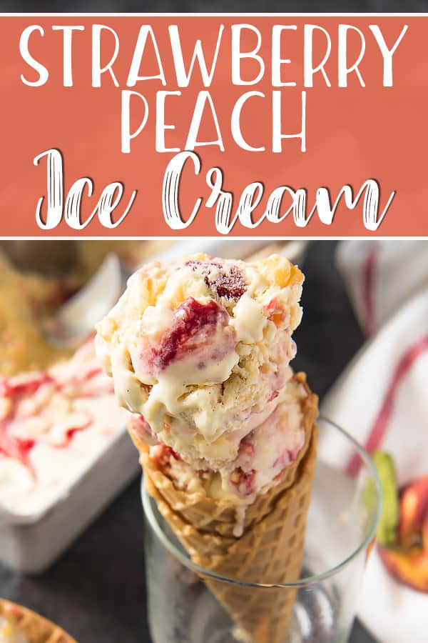 Two of the best summer flavors come together in this deliciously creamy Strawberry Peach Ice Cream! An old-fashioned custard base is blended with fresh peach puree, and swirled and studded with strawberry goodness.