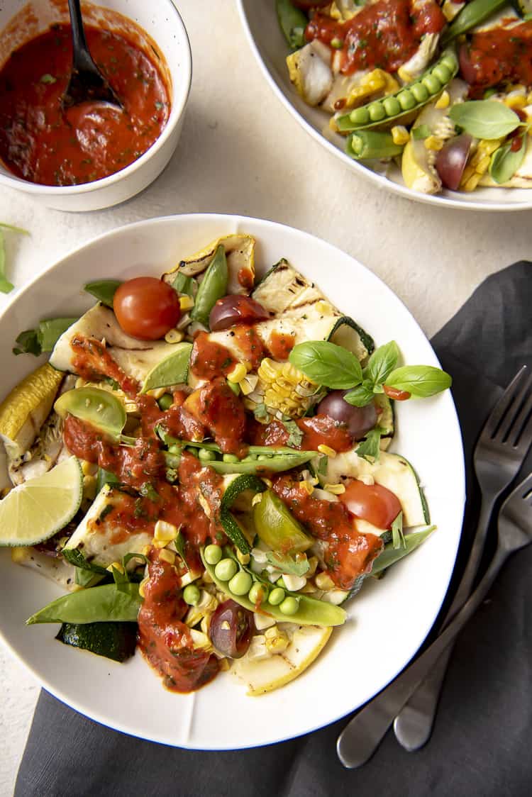 Grilled Corn and Zucchini Salad with Red Pepper Vinaigrette