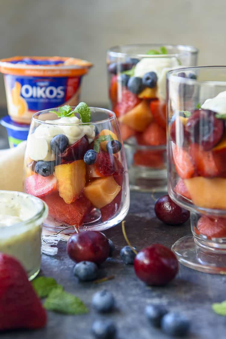Easy fruit salad recipe with summer fruit and Citrus Poppy Seed Yogurt dressing