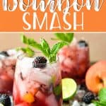 Calling all bourbon lovers: this Blackberry Peach Bourbon Smash is THE cocktail of the summer! Oaky bourbon whiskey teams up with fresh peaches, blackberries, mint, and lime juice for a fizzy refreshing sip you'll look forward to all winter long.