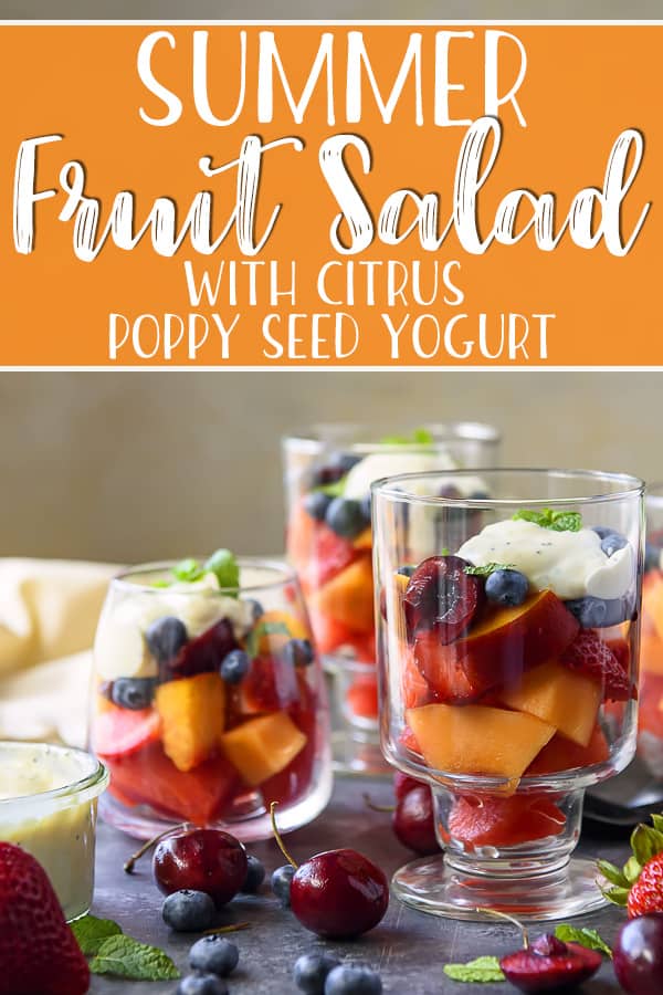 Whether it's a quick breakfast, simple side, or yummy snack, this Summer Fruit Salad with Citrus Poppy Seed Yogurt is as tasty as it is refreshing. Melons, berries, and bing cherries are the stars here, but the orange-lime fruit salad dressing brings it all together into one must-eat summer recipe!
