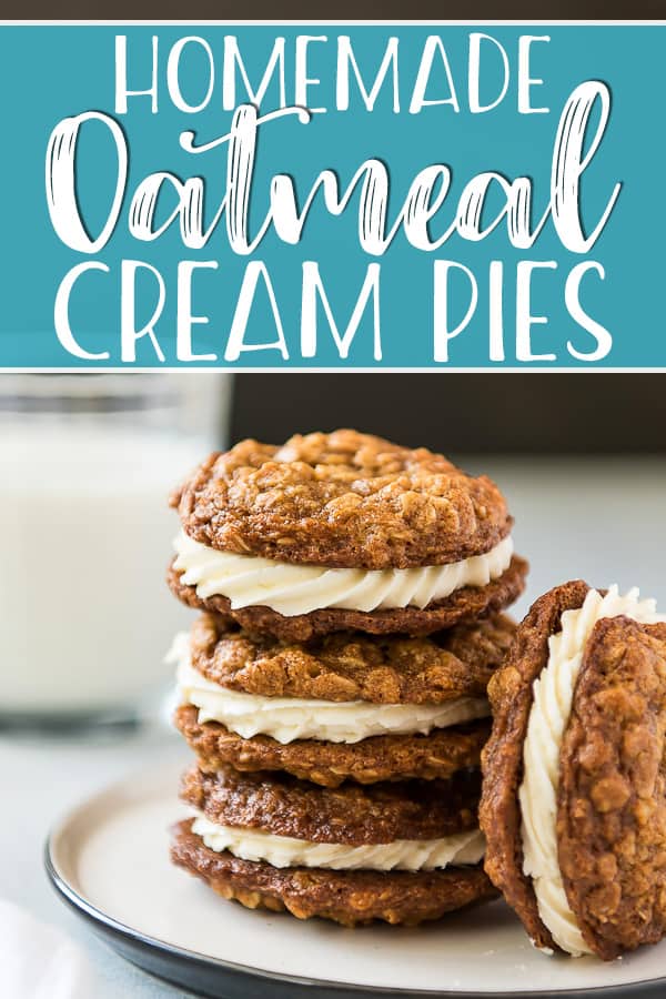 Soft, chewy, and loaded with memories of childhood, these Homemade Oatmeal Cream Pies are the ultimate snack for all ages! One bite of the spiced oatmeal cookies, sandwiched together with sweet & creamy buttercream frosting, and you'll forget all about Little Debbie!