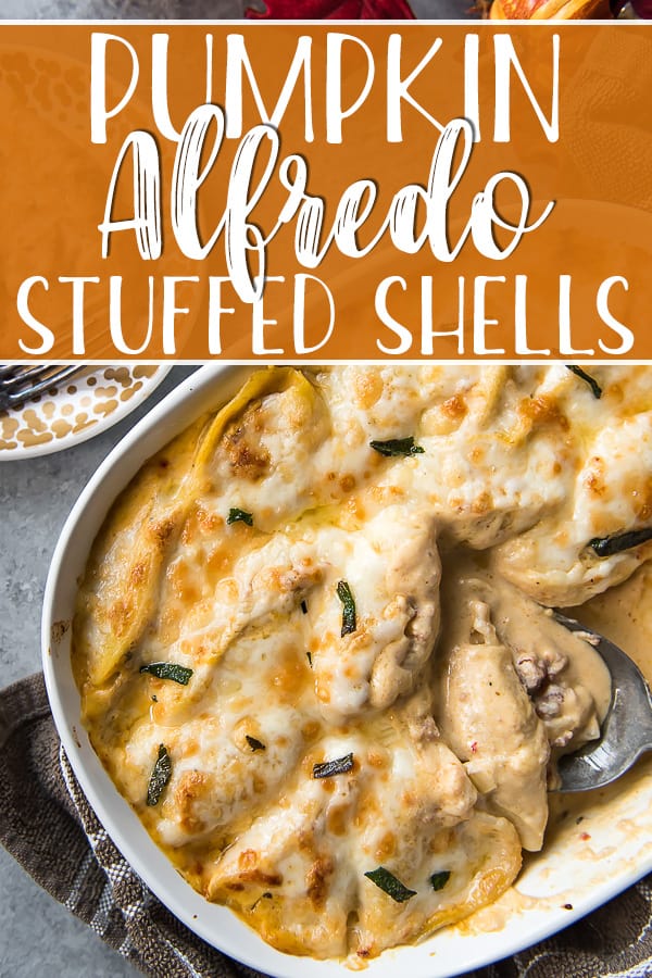 These creamy, cheesy Pumpkin Alfredo Stuffed Shells are super easy and a surprising crowd-pleaser! Jumbo pasta shells, stuffed with sausage, onions, and ricotta cheeses, are covered in a smooth pumpkin alfredo sauce that gives this dinner an extra special flavor.