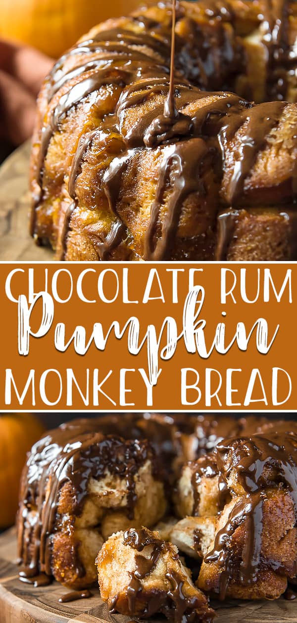 This indulgent Chocolate Rum Pumpkin Monkey Bread is nothing like your Mama makes! This decadent breakfast-dessert takes the standard pull-apart cinnamon biscuits up a notch with the addition of a gooey pumpkin-brown sugar syrup and boozy chocolate glaze.
