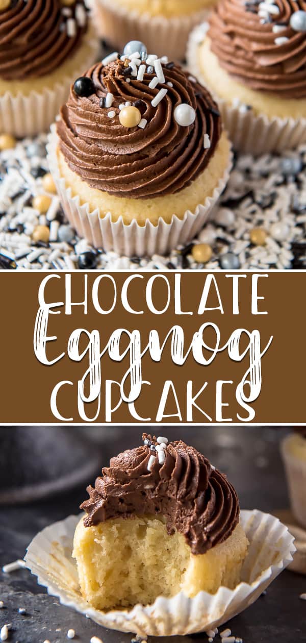 The holidays aren't complete until you sink your teeth into one of these Chocolate Eggnog Cupcakes! Celebrate the season with a batch of fluffy vanilla cupcakes made with eggnog and topped with a rum-spiked eggnog fudge frosting.