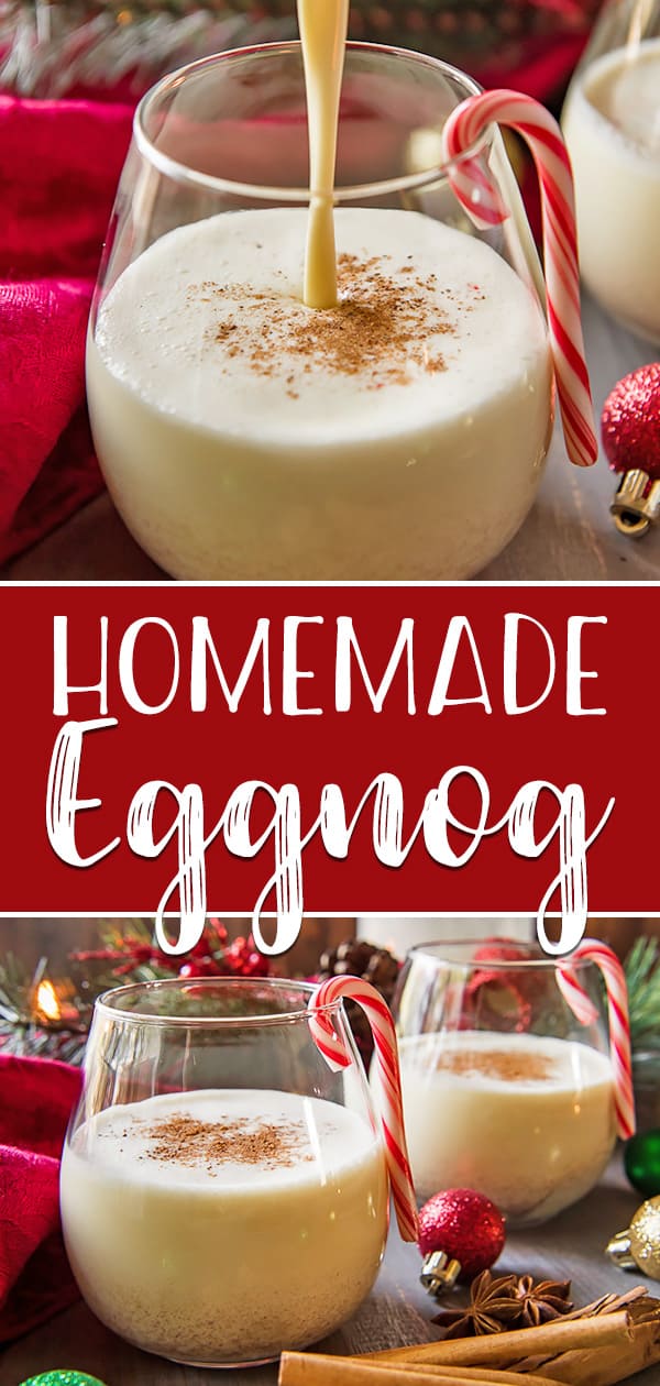 The store-bought stuff simply can't compete with a batch of this deliciously EASY Homemade Eggnog! Thick, creamy, and comforting, this eggnog recipe is perfect for spiking with your favorite liquor on those cold winter nights!
