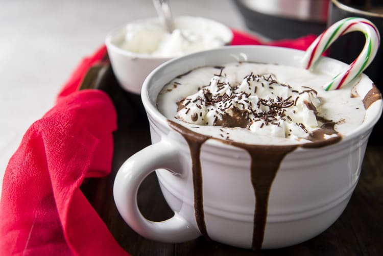 A drippy mug of Instant Pot Crockpot Peppermint Hot Chocolate