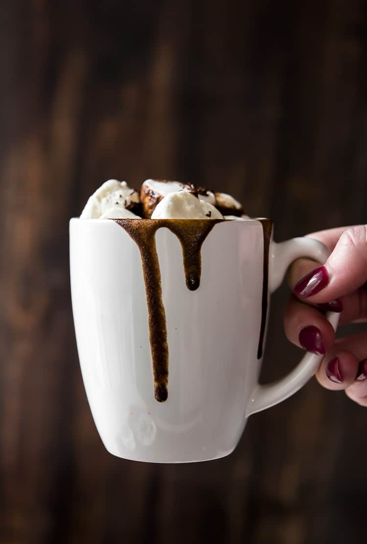 A hand holding a mug of Instant Pot Peppermint Hot Chocolate