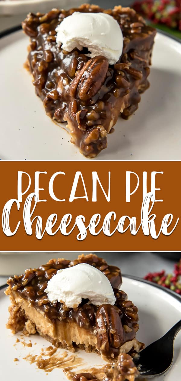 Two holiday dessert favorites come together in this sweet, gooey Pecan Pie Cheesecake! Velvety brown sugar cheesecake is nestled in a pecan-graham crust and topped with a pecan pie filling that will delight all of your senses!